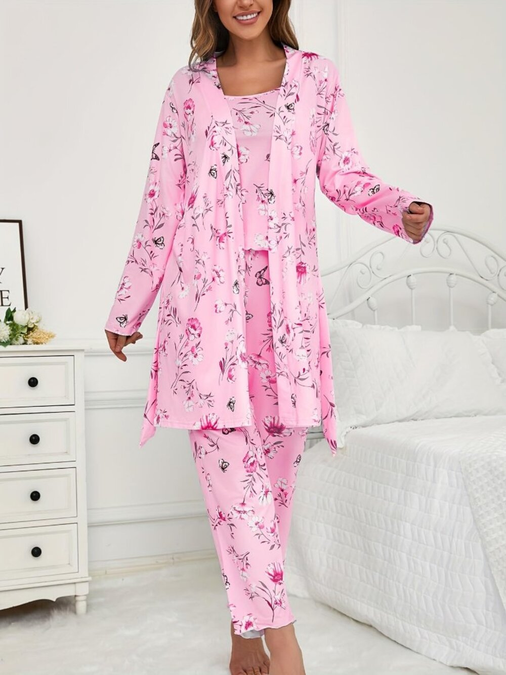 Women's 3-Piece Pajama Set Floral Print Robe Camisole and Long Pants Pink - Picture 5 of 6